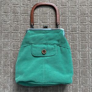 Fossil Fabric Top Clasp Purse Bag Green Pouch Wooden Handle VTG Boho Y2K